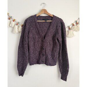 WHBM Jewel Button Down Wool Blend Puff Sleeve Cardigan Plum Noir Mixed Marl M